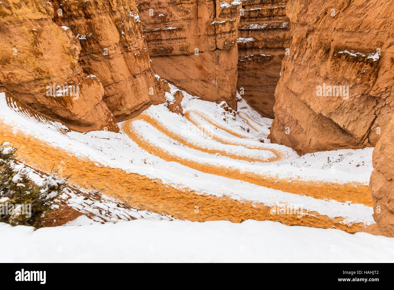 Snowy wiggle trail at Bryce Canyon National Park in Southern Utah. Stock Photo