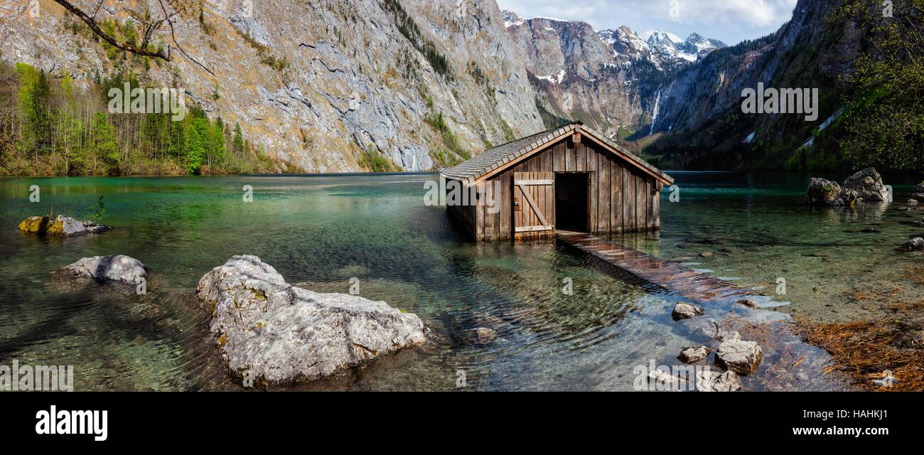 Panorama of Obersee mountain lake in Alps Stock Photo