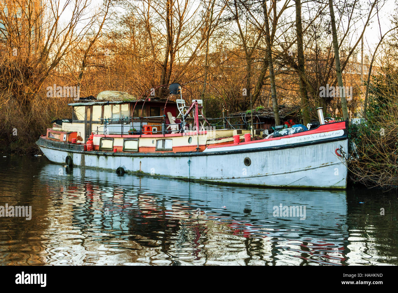 Seahorse, a boat moored on Regent's Canal by Camley Street Nature Reserve, King's Cross, London, UK Stock Photo