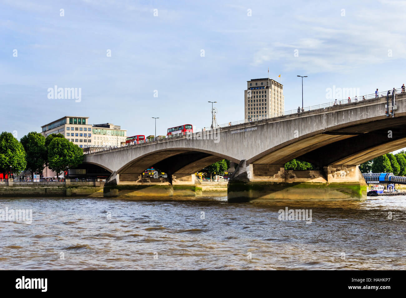 Waterloo Bridge, seen from the Victoria Embankment on the north bank of the River Thames, London, UK Stock Photo