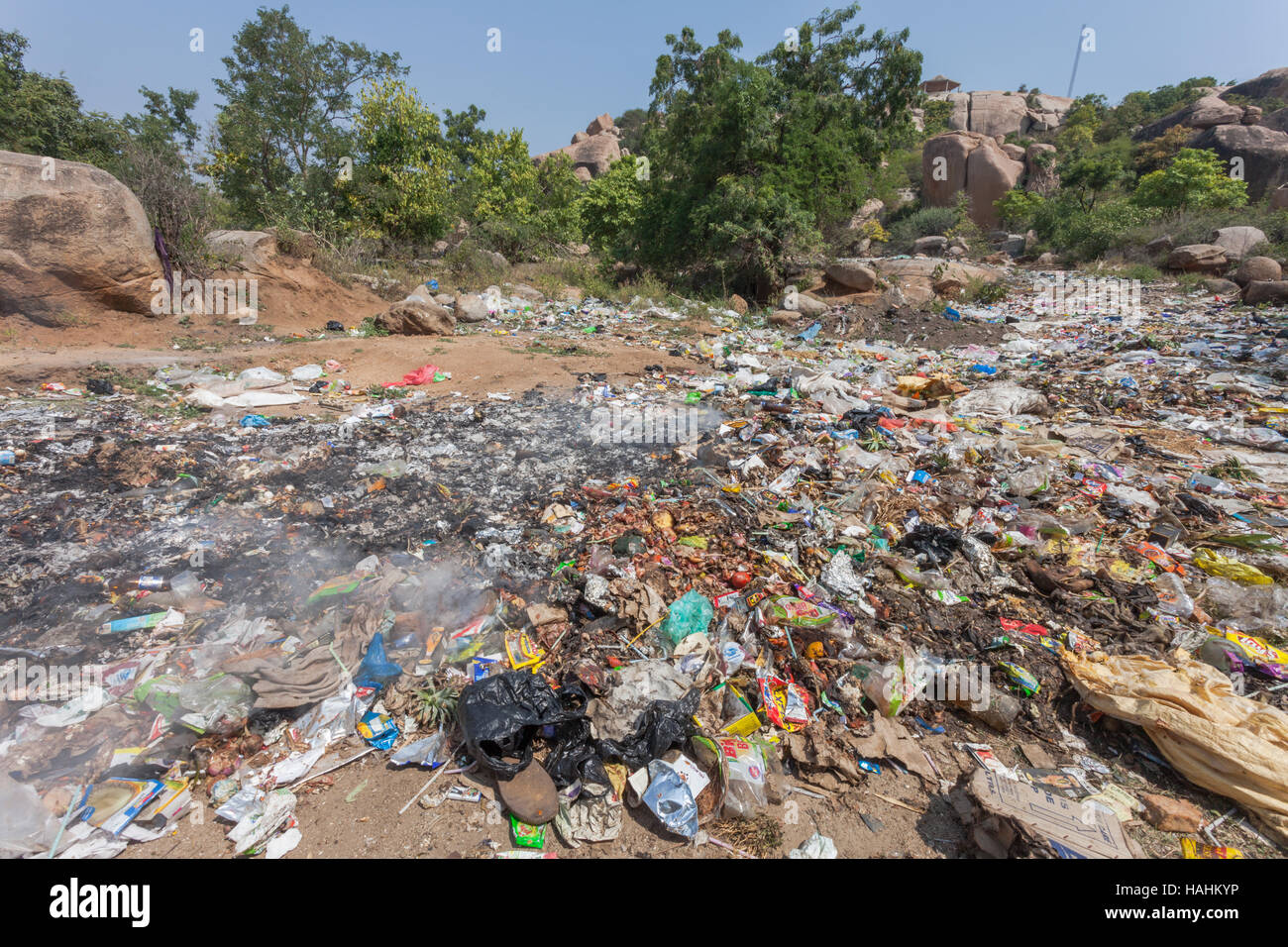 Rubbish strewn on open waste land near the town of Hampi, India Stock Photo