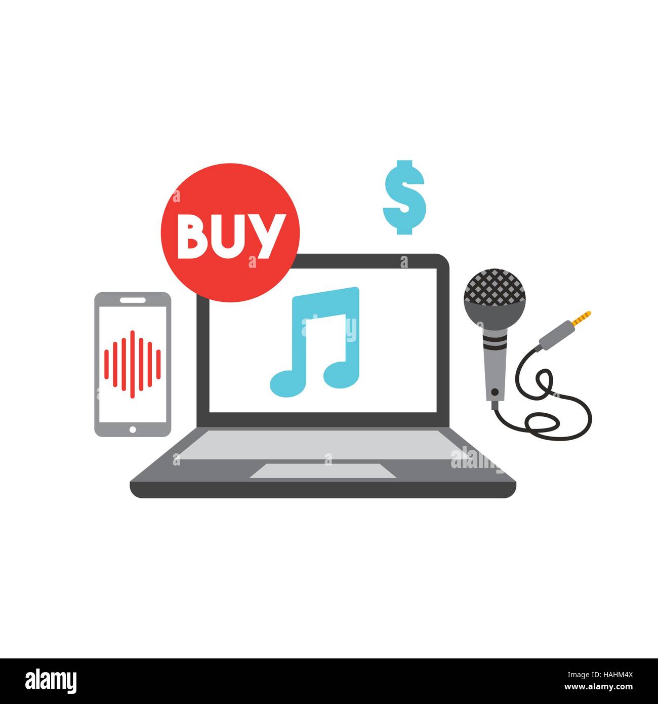 laptop computer with musical note over white background. music and ...