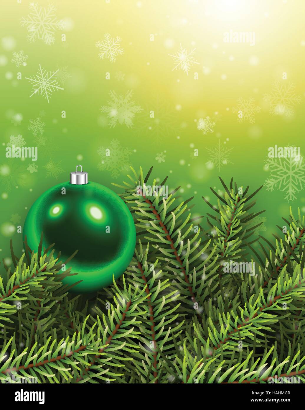 Christmas background green with fir branches and glass ball. Vector ...