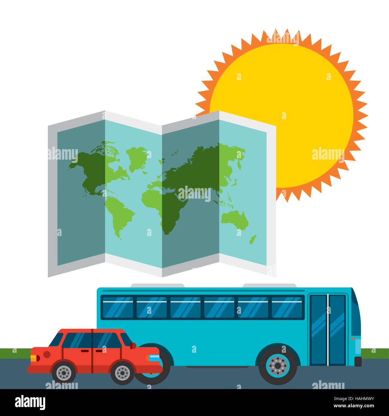car and bus vehicles and world map icon. colorful design. travel and ...