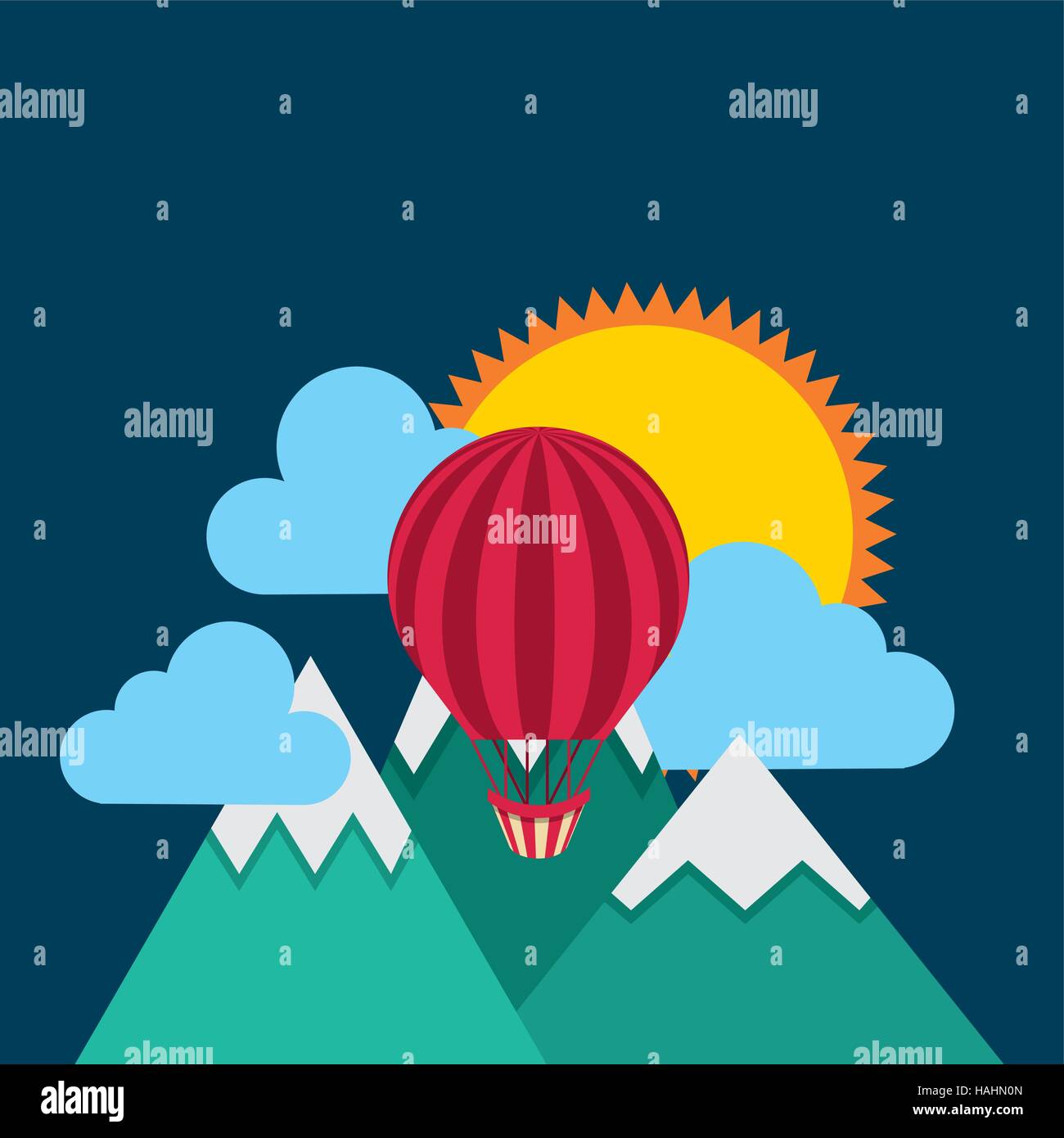 air balloon flying over mountains over blue background. colorful design. vector illustration Stock Vector
