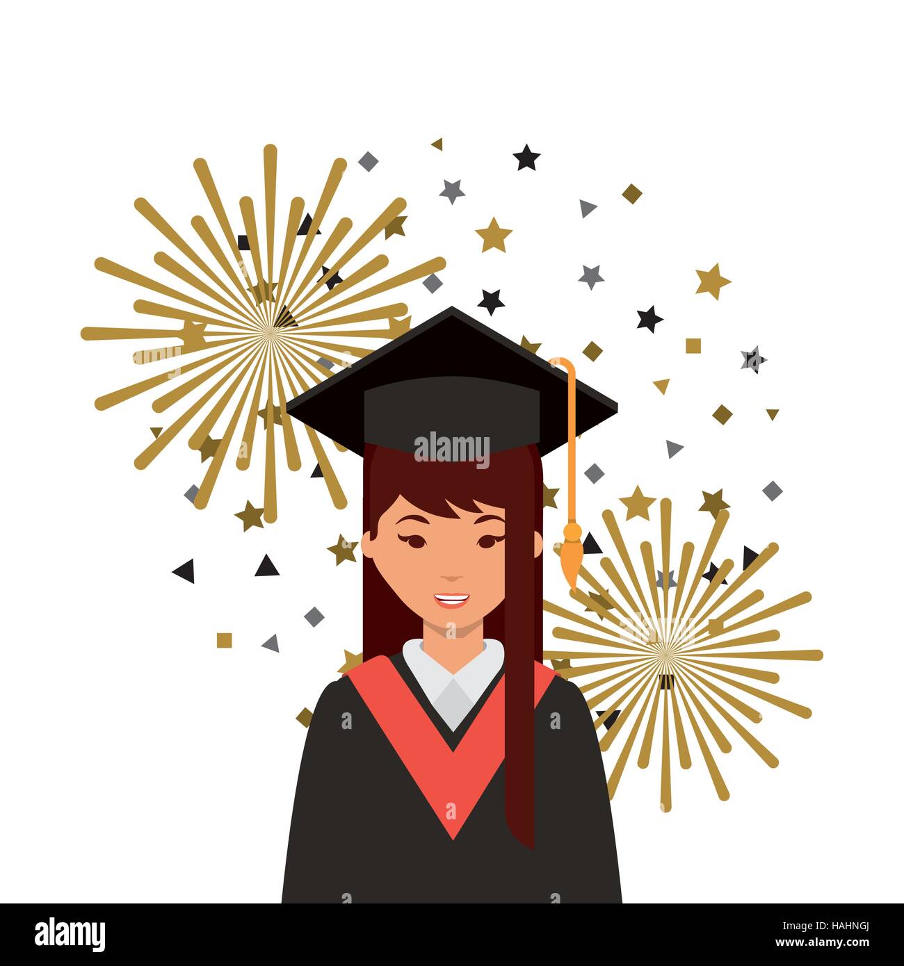 cartoon graduate woman with graduation gown and hat icon over white ...