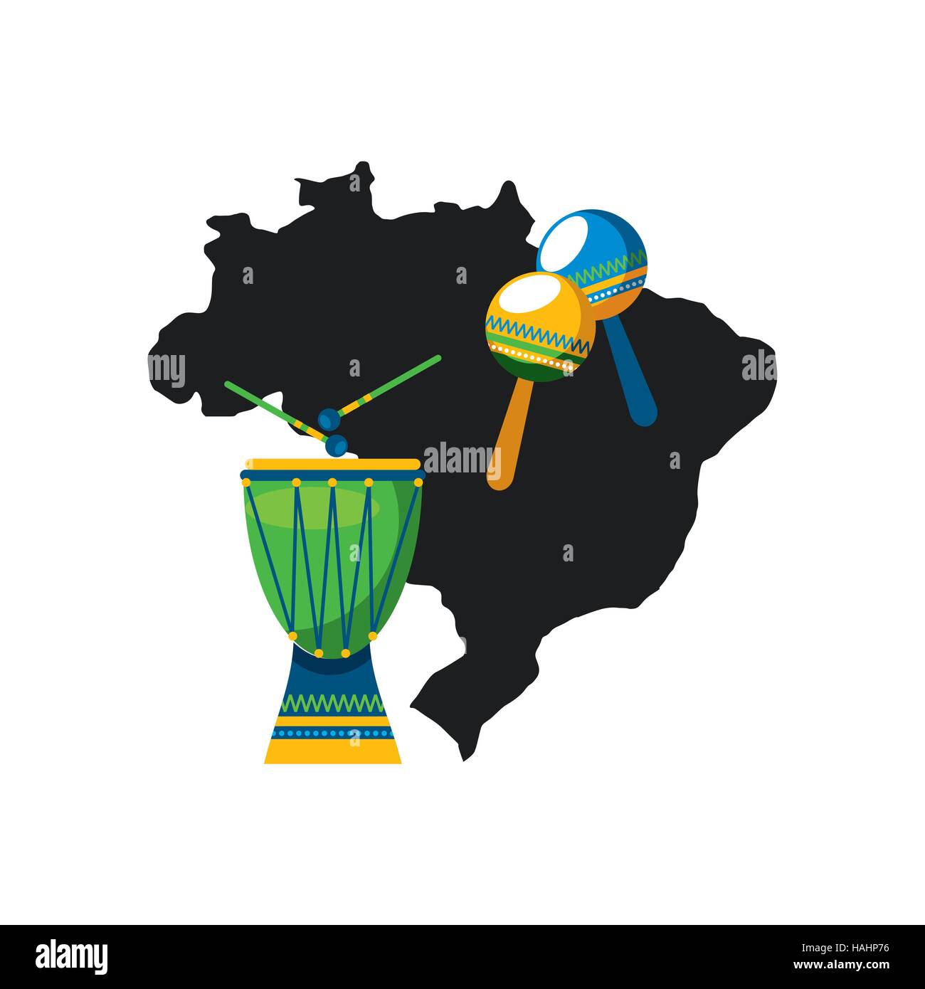 maracas and drum instrument of brazil musical culture over country map ...