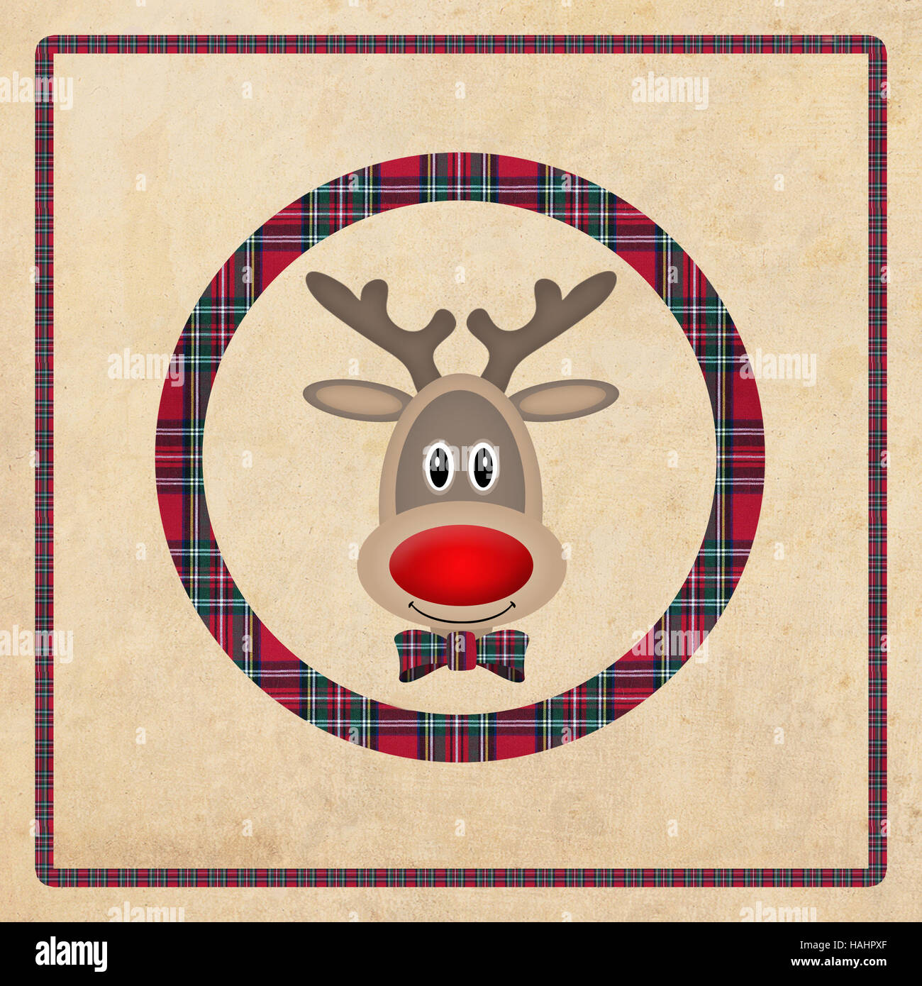 cute reindeer in circle with red plaid pattern, on old paper background, christmas card design Stock Photo