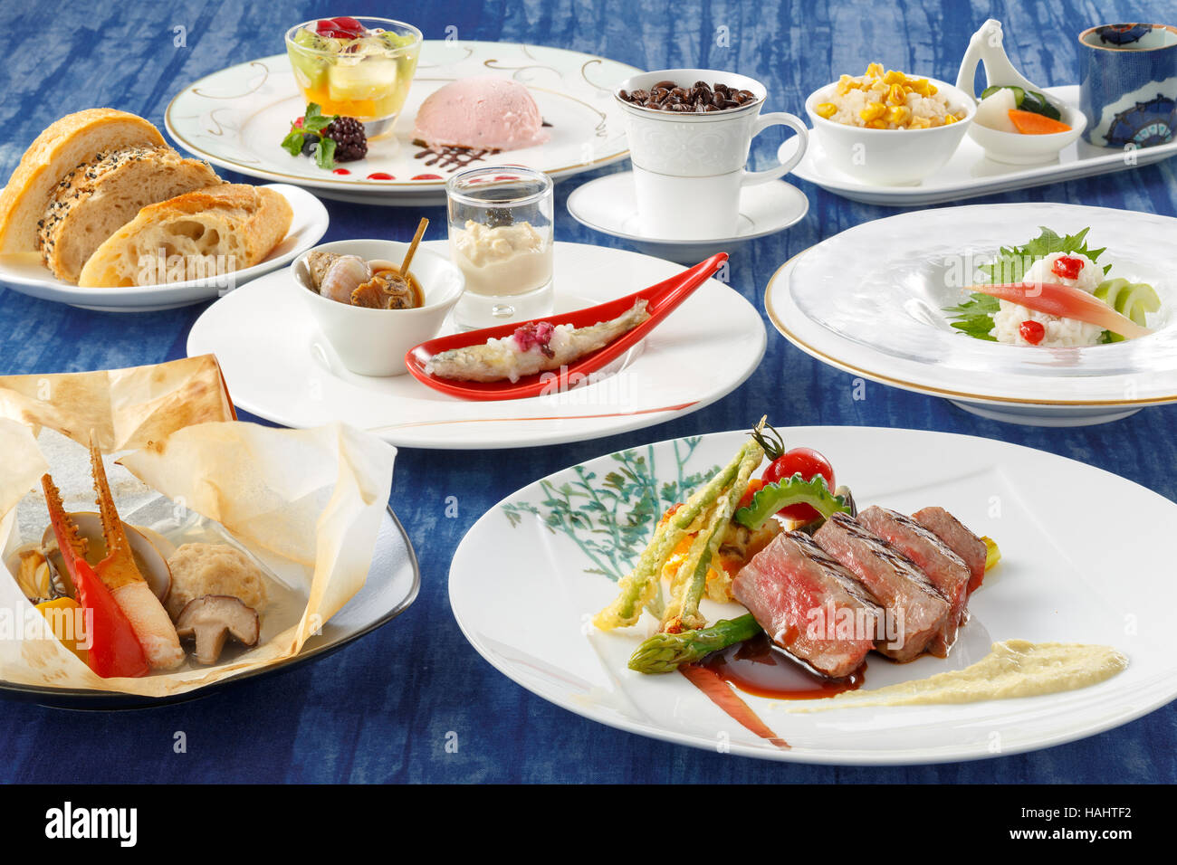 Azalea Course with bread, fresh crab, tuna, sushi and tempura Stock Photo