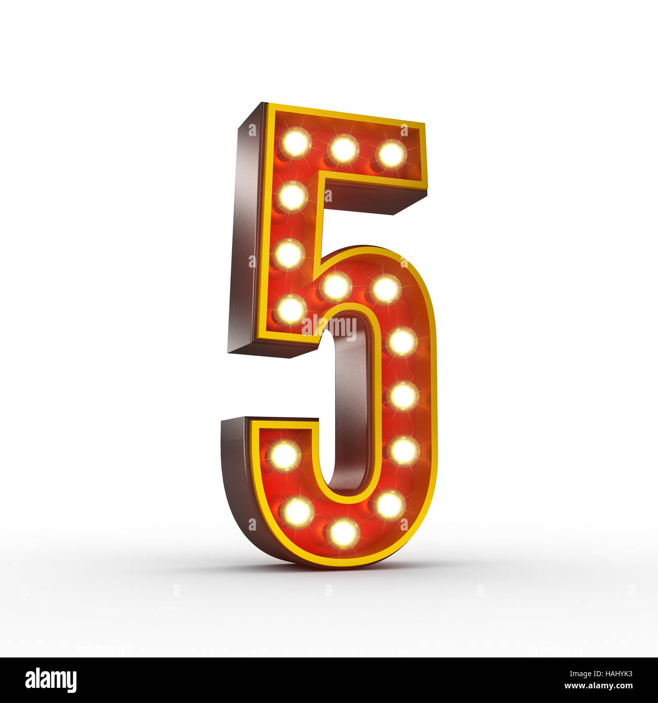 High quality 3D illustration of the number five in vintage style with light bulbs illuminating it. Clipping path included. Stock Photo