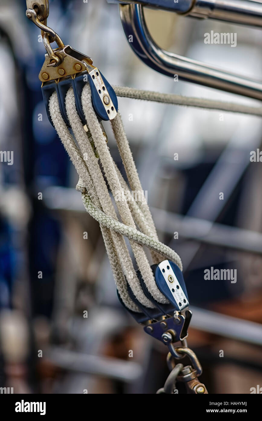 Pulley system on sailboat Stock Photo