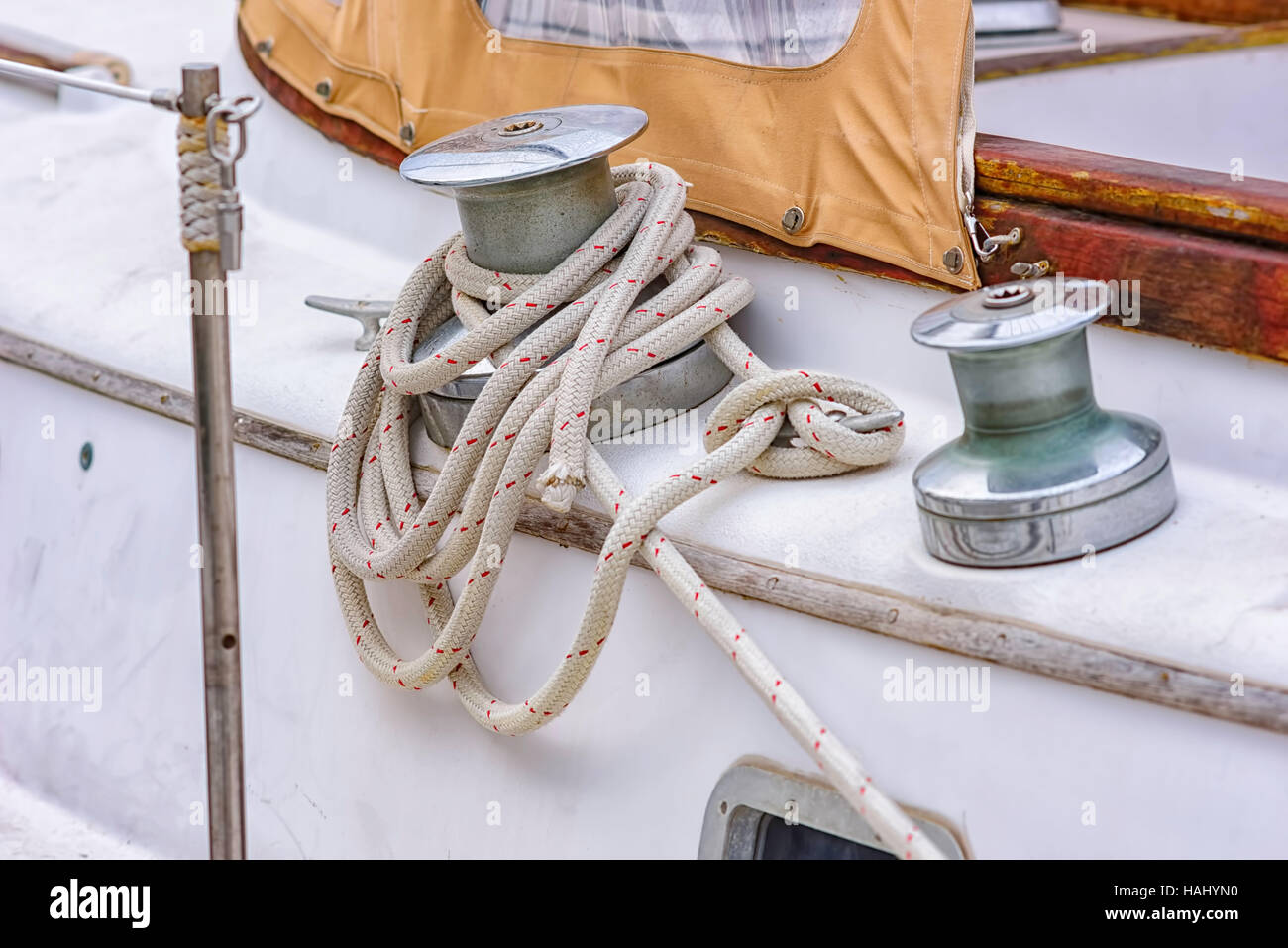 Sailboat winch and rope yacht detail Stock Photo