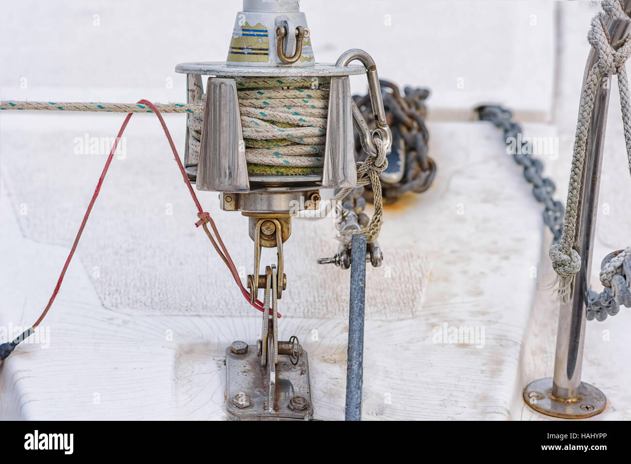 Pulley on front of a sailboat Stock Photo