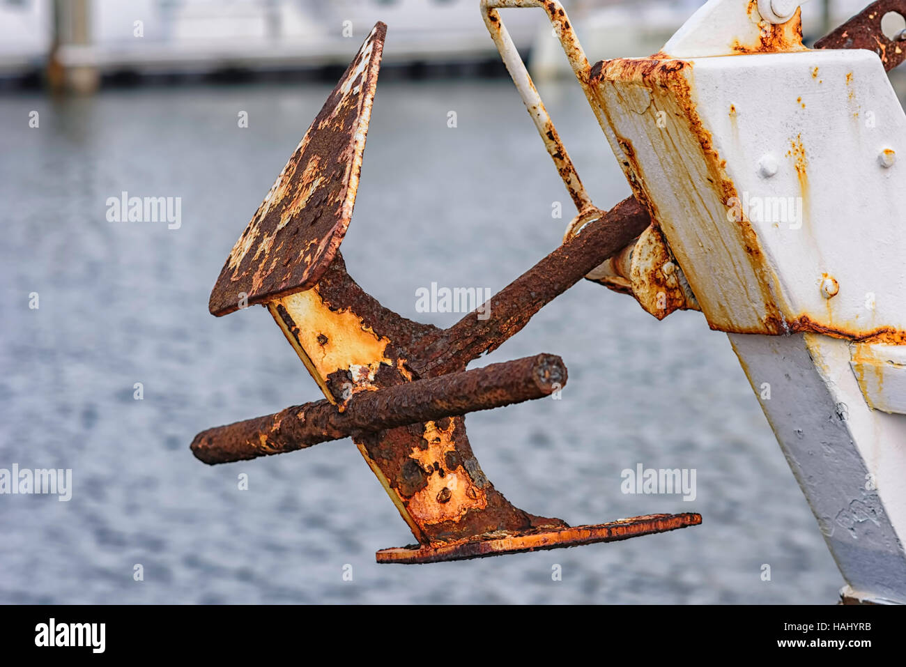 Old rusted anchor on shrimp boatc Stock Photo