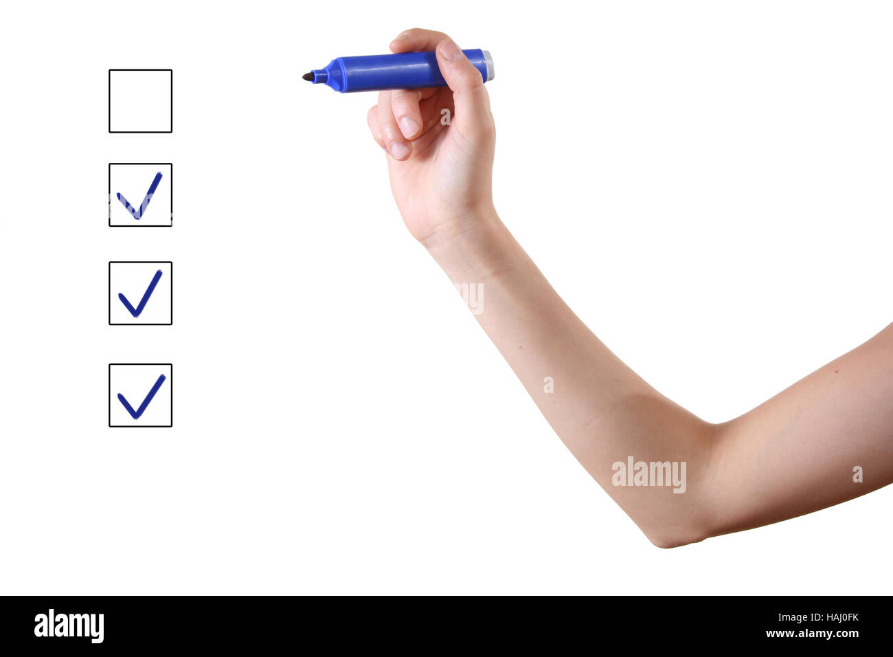 Hand with blue marker and check boxes on white background Stock Photo
