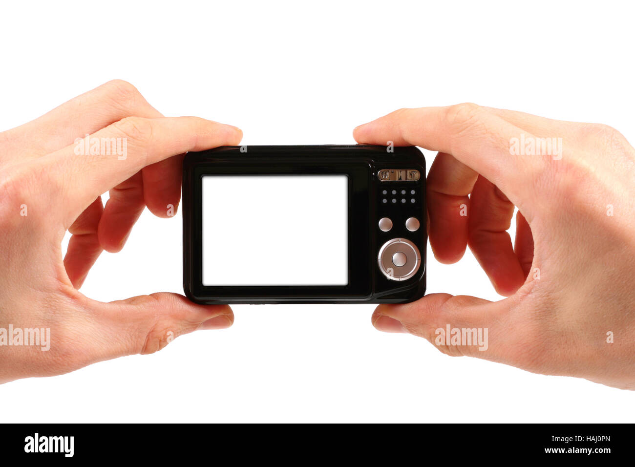 photo camera in hands isolated on white background Stock Photo
