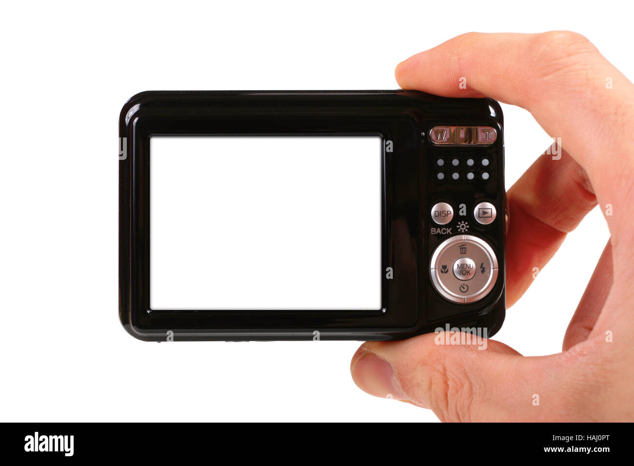 photo camera in hand isolated on white background Stock Photo