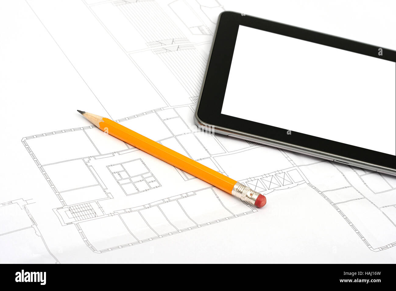 digital tablet and pencil on house plan Stock Photo