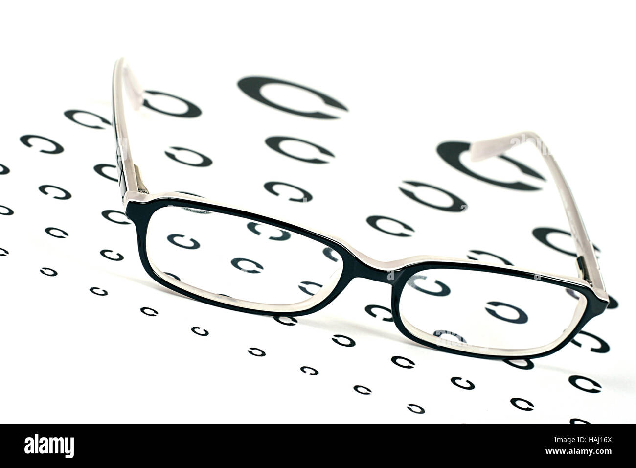 black glasses on a eye sight test chart Stock Photo