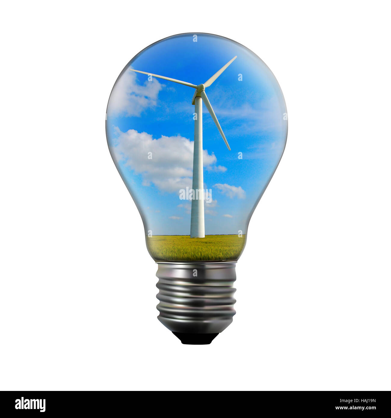 Alternative energy concept. Light bulb with wind mill generator inside. Stock Photo
