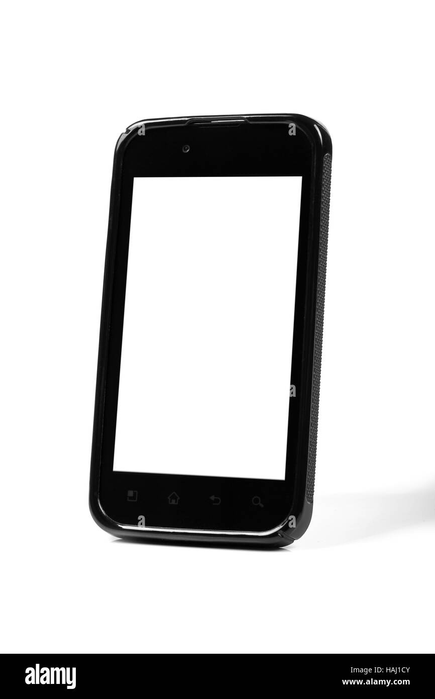 black smartphone with blank screen standing on white background Stock Photo