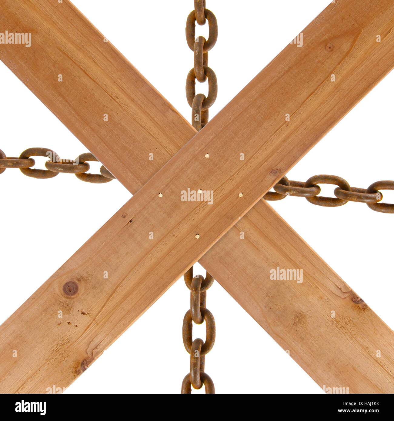 crossed wooden planks and rusty chain Stock Photo