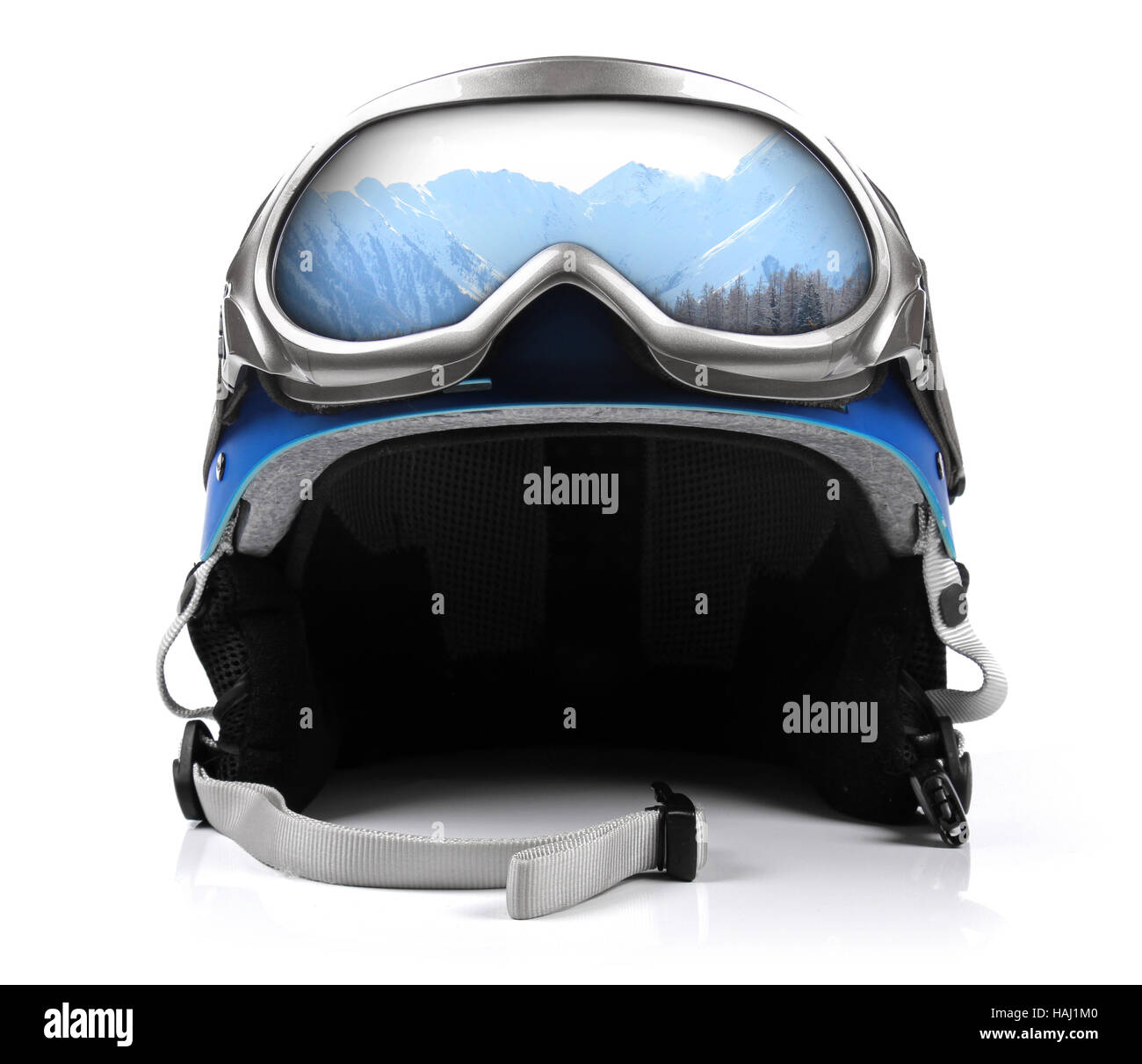 blue snowboard helmet with goggles Stock Photo