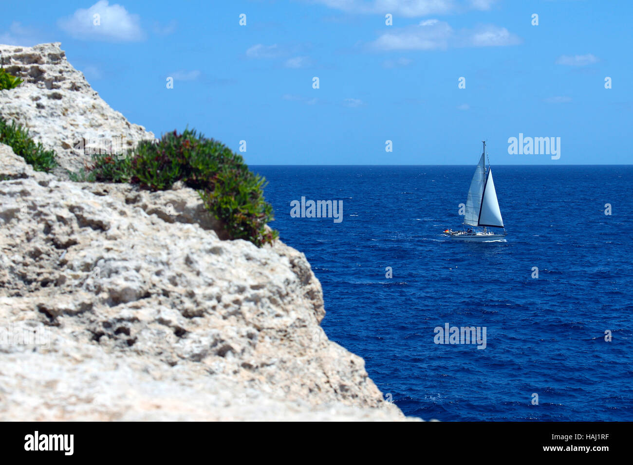 Yacht sailing on the sea in Mallorca Stock Photo