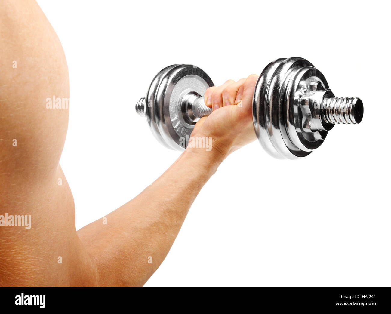 bodybuilder with dumbbell in the hand isolated on white Stock Photo