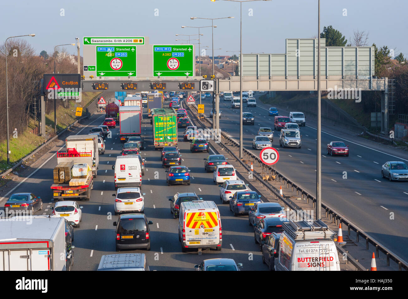 Traffic queueing on the approach roads towards the Dartford crossing