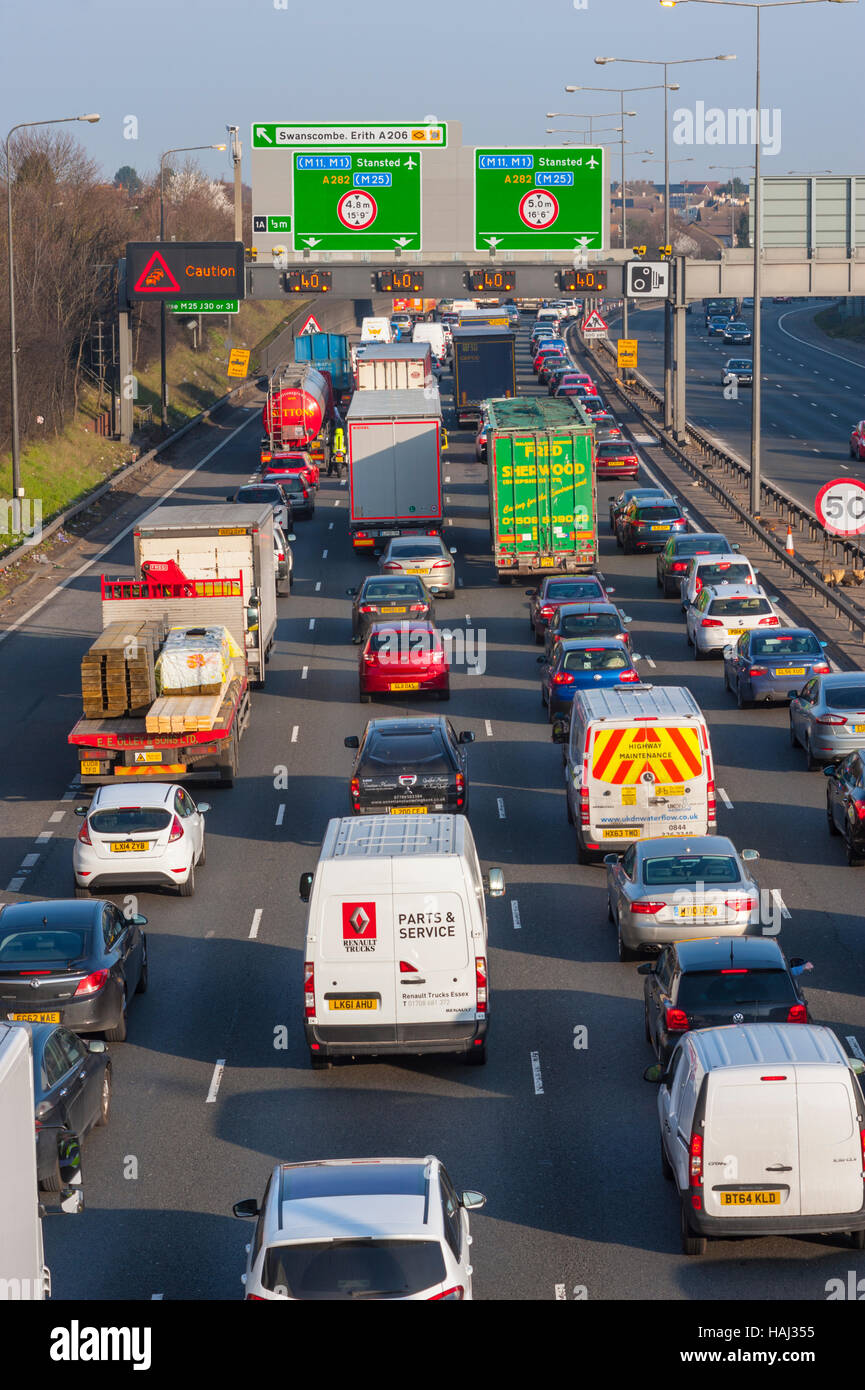 Traffic queueing on the approach roads towards the Dartford crossing