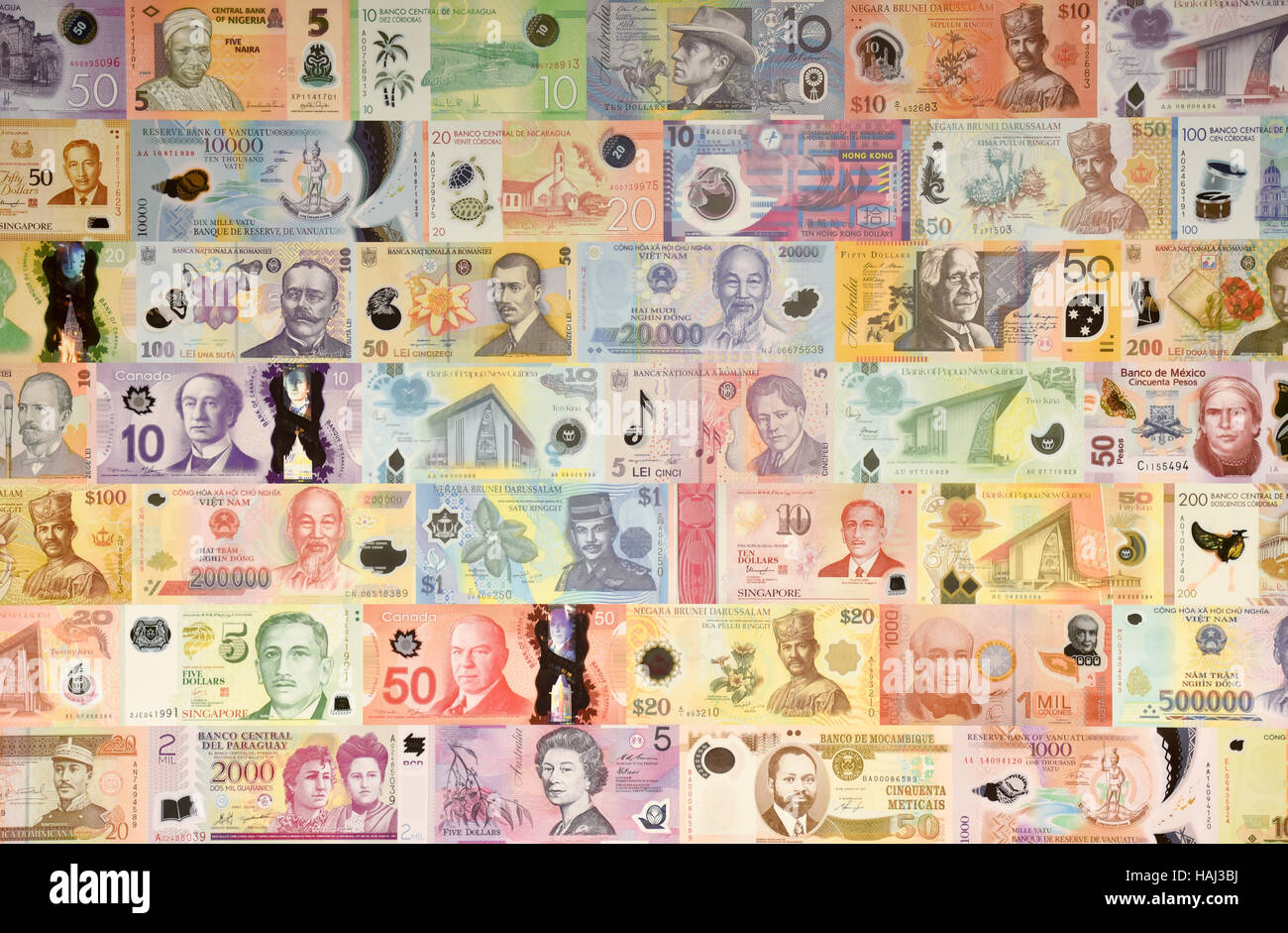 Graphic wall covering of bank notes made by Innovia Security Guardian Clarity C polymer film Stock Photo
