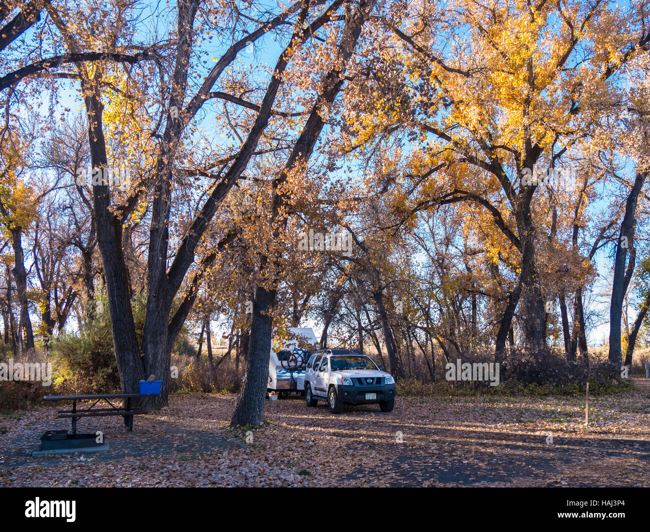 Autumn camping, Cherry Creek State Park, Aurora, Colorado Stock Photo