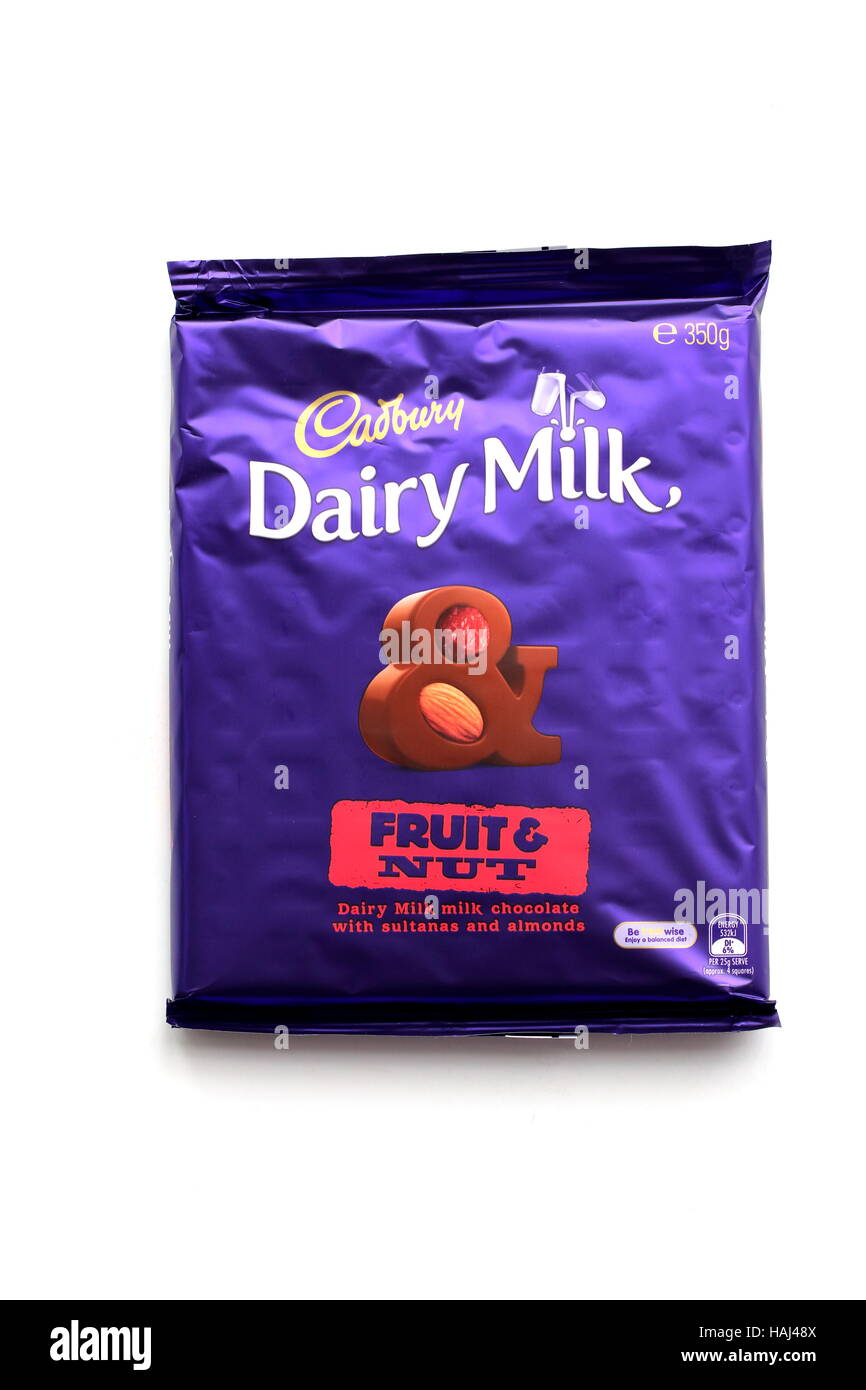 Close up of Cadbury chocolate fruit and nut isolated against white background Stock Photo