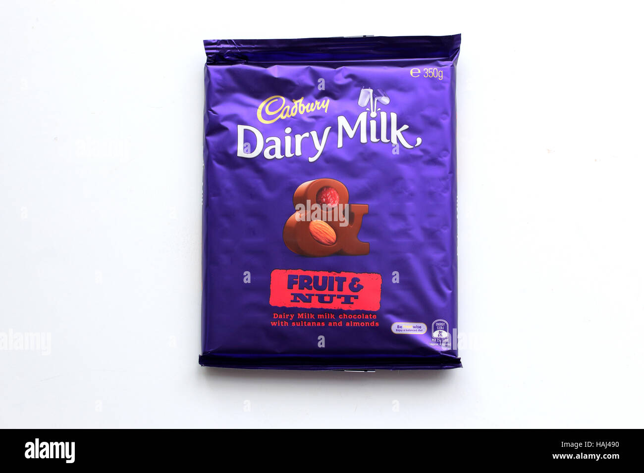 Close up ofCadbury chocolate fruit and nut isolated against white background Stock Photo