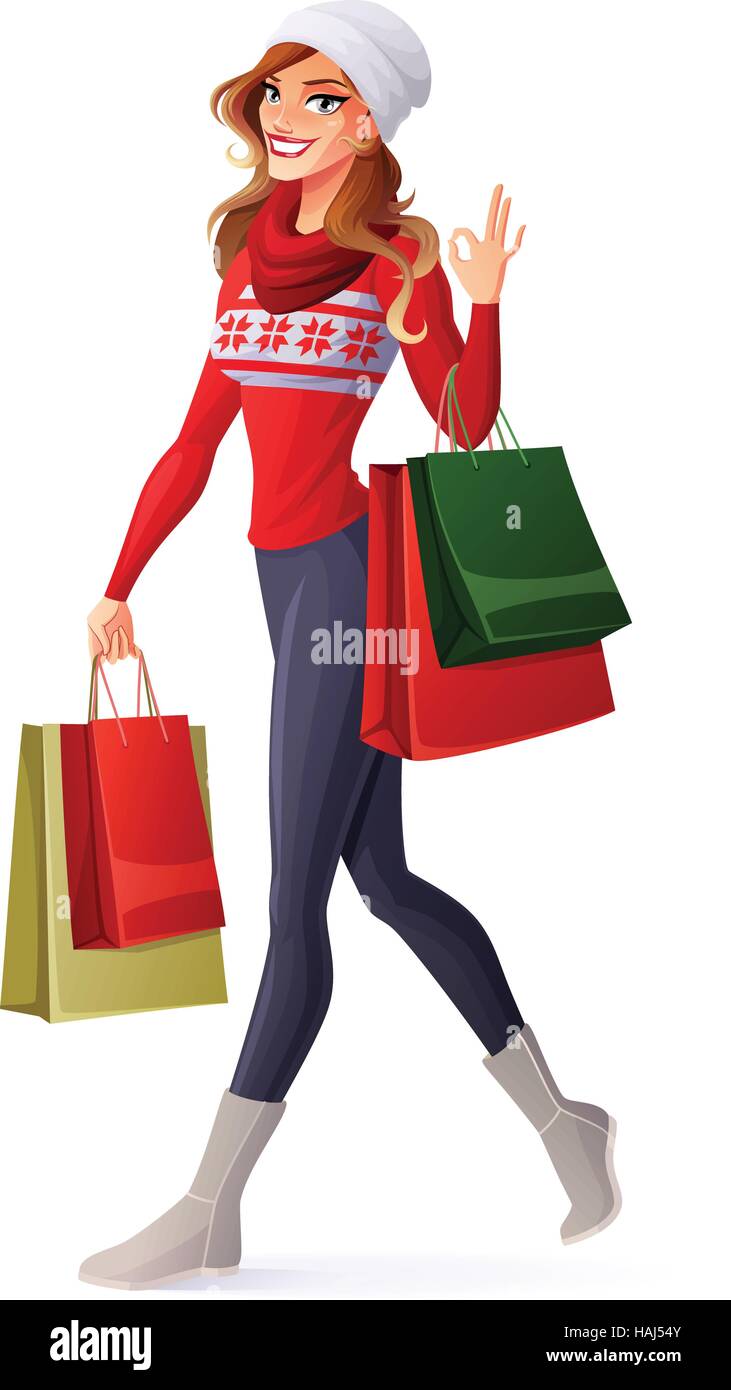 Vector woman in Christmas outfit with shopping bags showing OK Stock ...