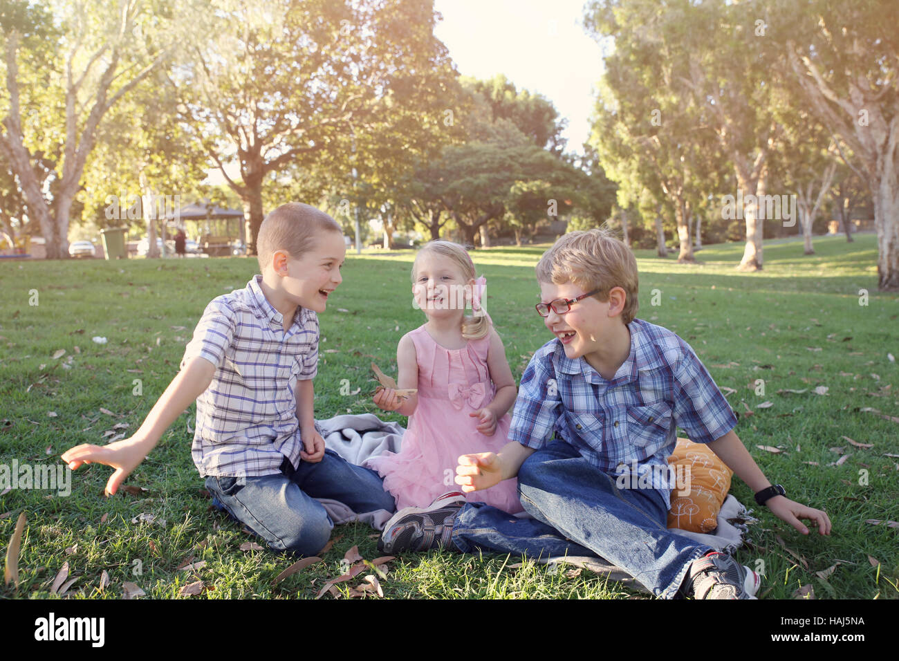 Happy brothers and sister playing at the park Stock Photo - Alamy