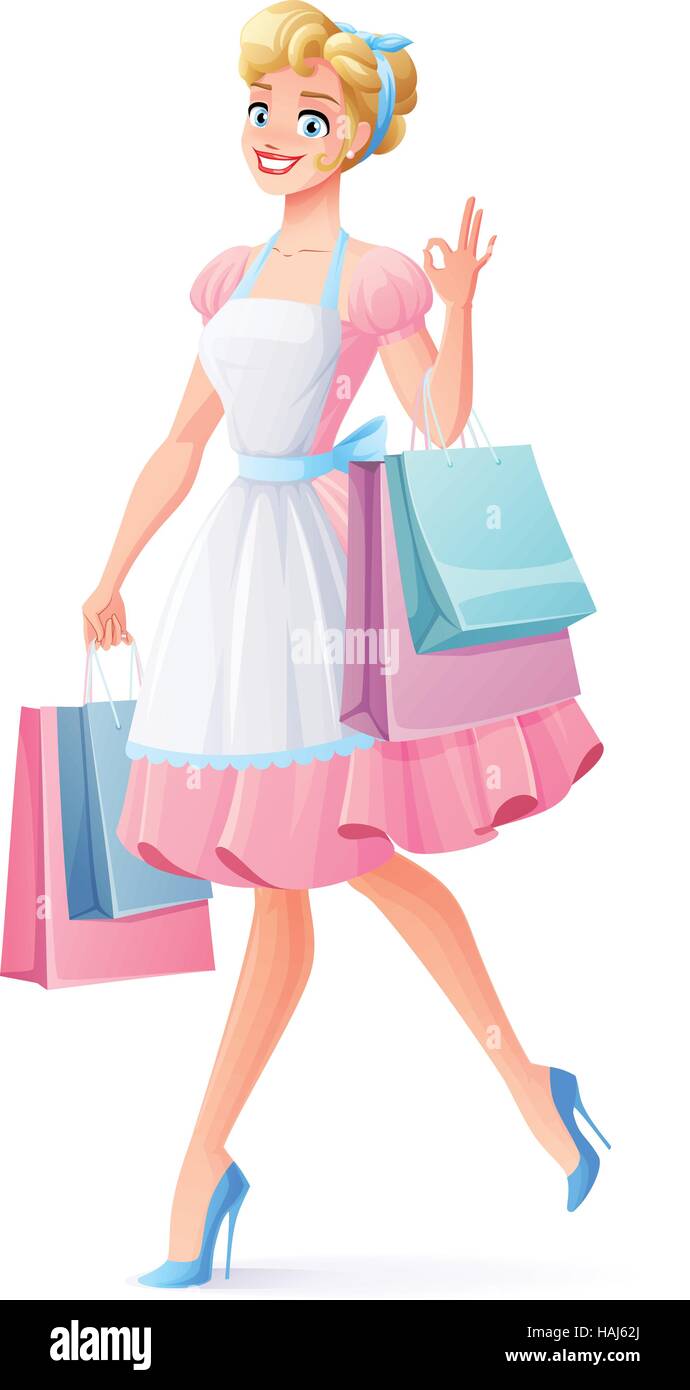 Smiling housewife walking with shopping bags showing OK. Vector illustration. Stock Vector