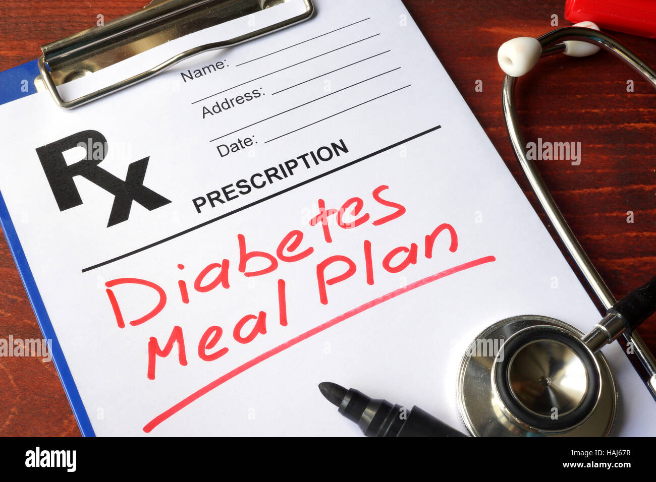Prescription form with words Diabetes meal plan. Stock Photo