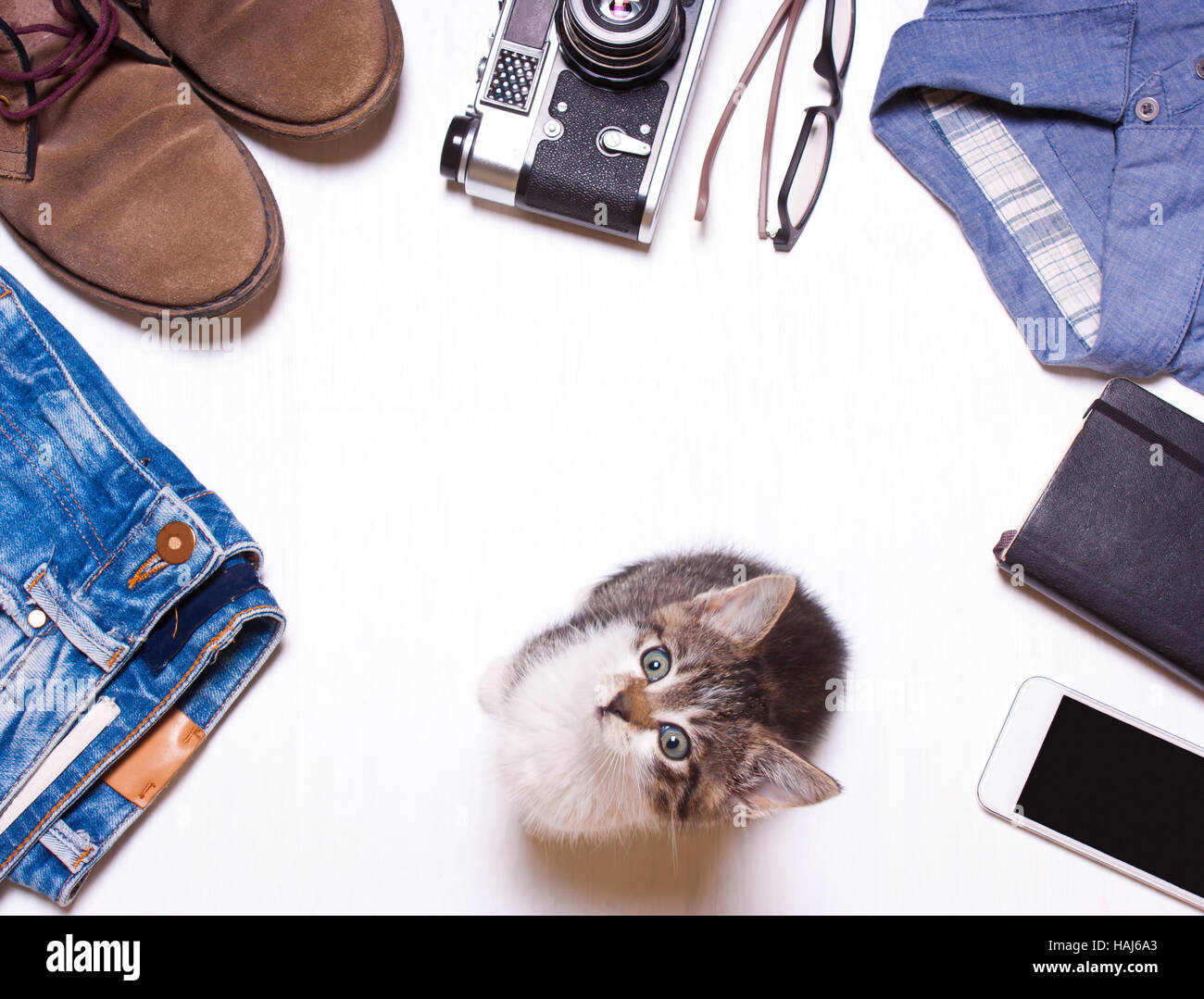 hipster ,men's clothes and accessories and cat.View from above with copy workspace.Look,collage menswear. Stock Photo