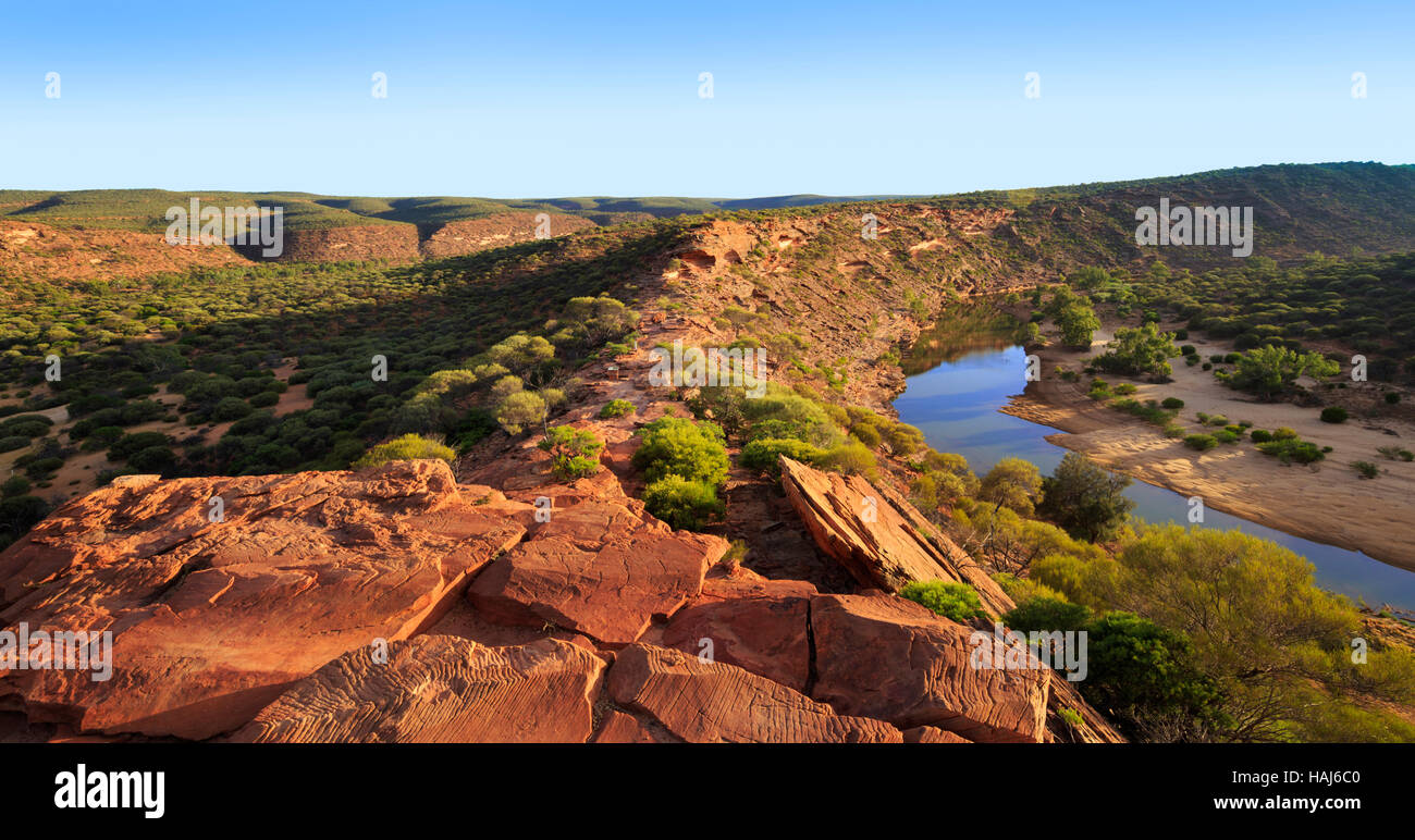 The Murchison River and the gorges of Kalbarri National Park at sunrise. Kalbarri, Western Australia Stock Photo