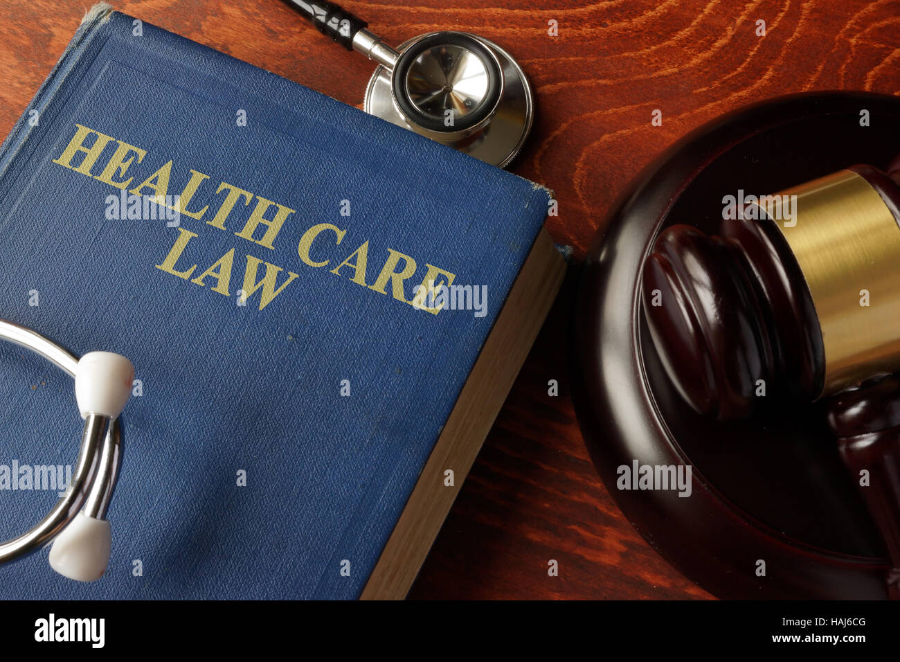 Book with title Health Care Law on a table. Stock Photo