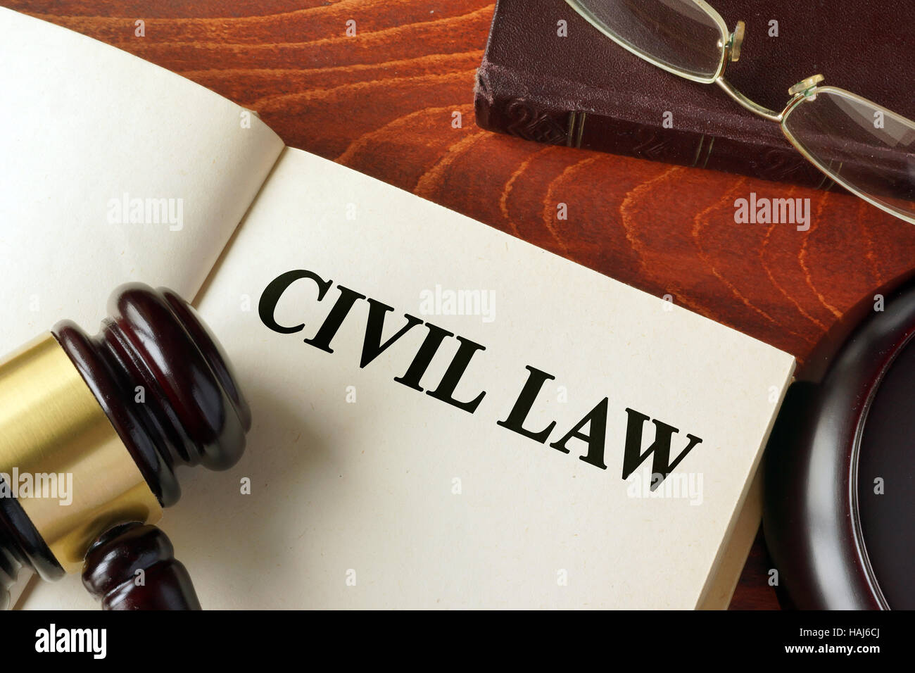 Book with title civil law on a table. Stock Photo