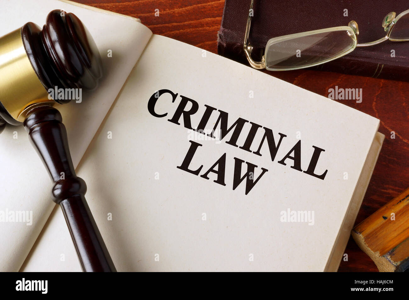Book with title criminal law on a table. Stock Photo