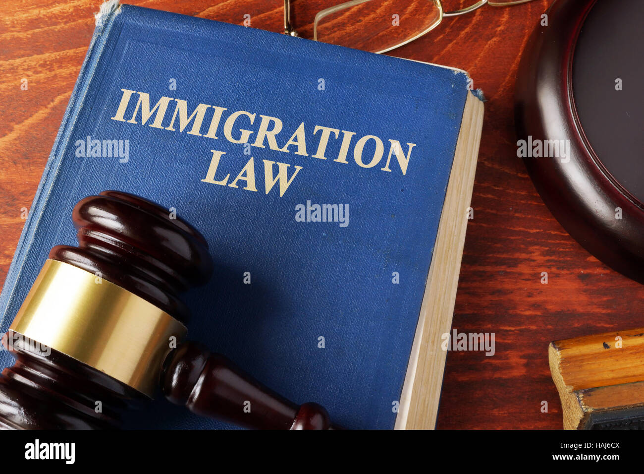 Book with title immigration law on a table. Stock Photo