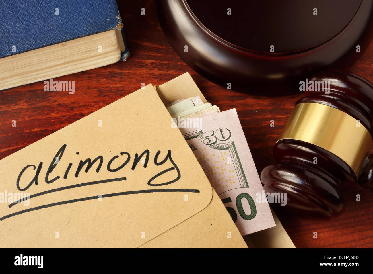 Alimony concept. An envelope with cash on a table. Stock Photo
