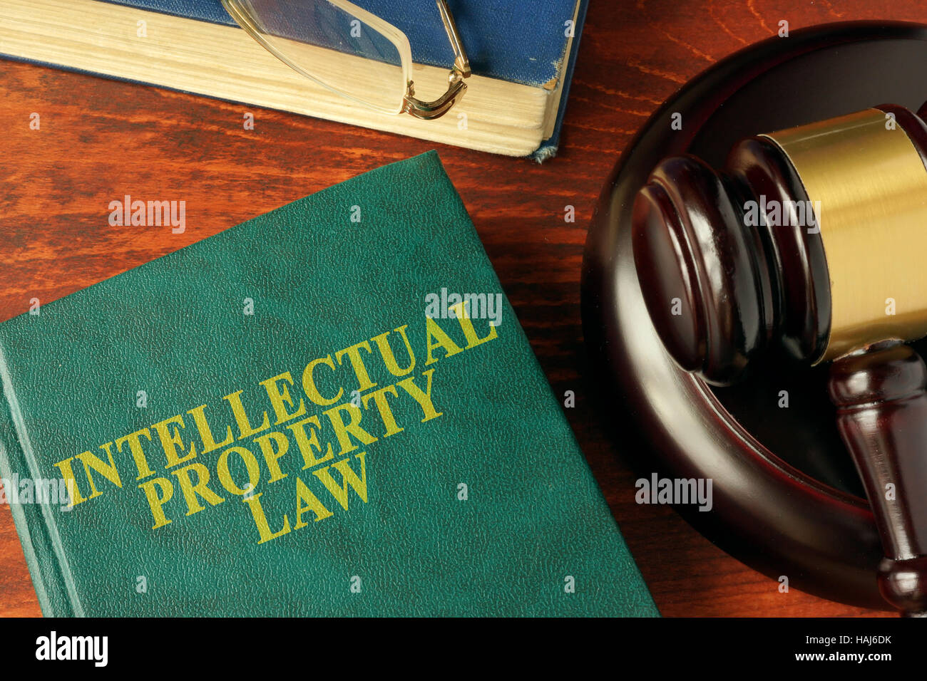 Book with title intellectual property law on a table. Stock Photo