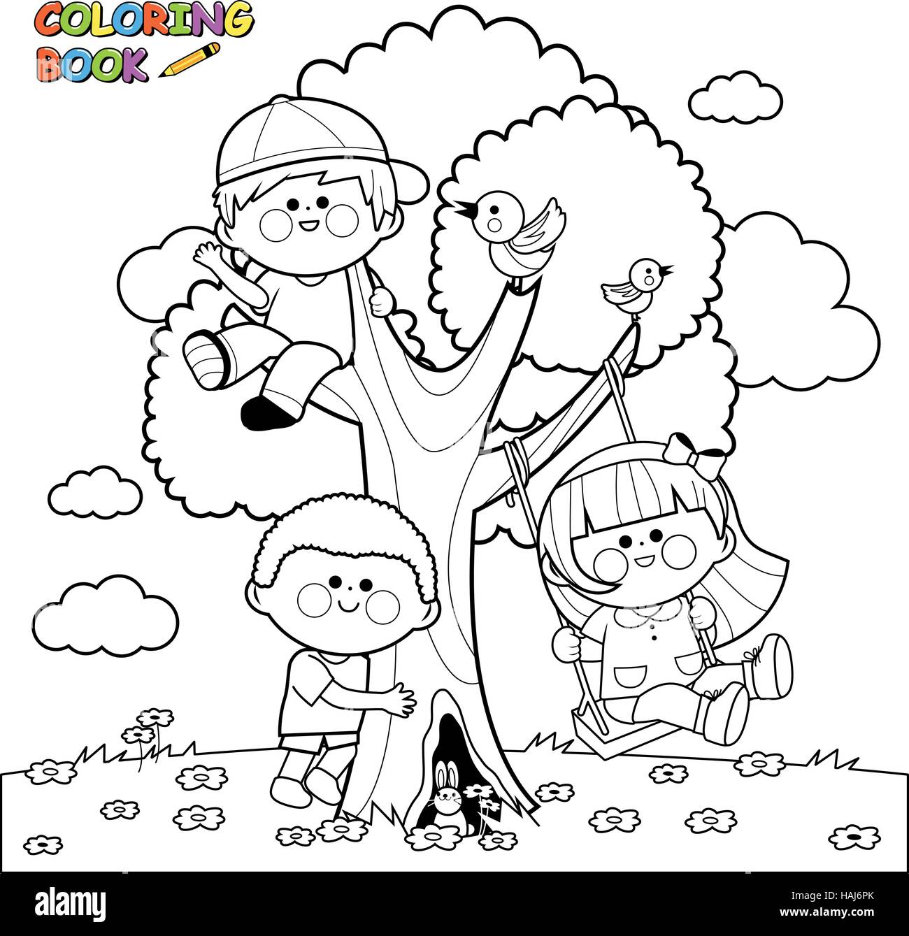 Children playing on a tree coloring book page Stock Vector Image & Art -  Alamy