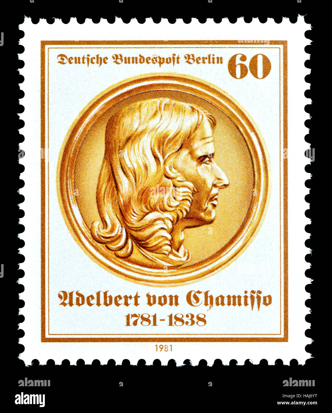 German (W Berlin) postage stamp (1981) : Adelbert von Chamisso (1781 – 1838)  German poet and botanist, Stock Photo