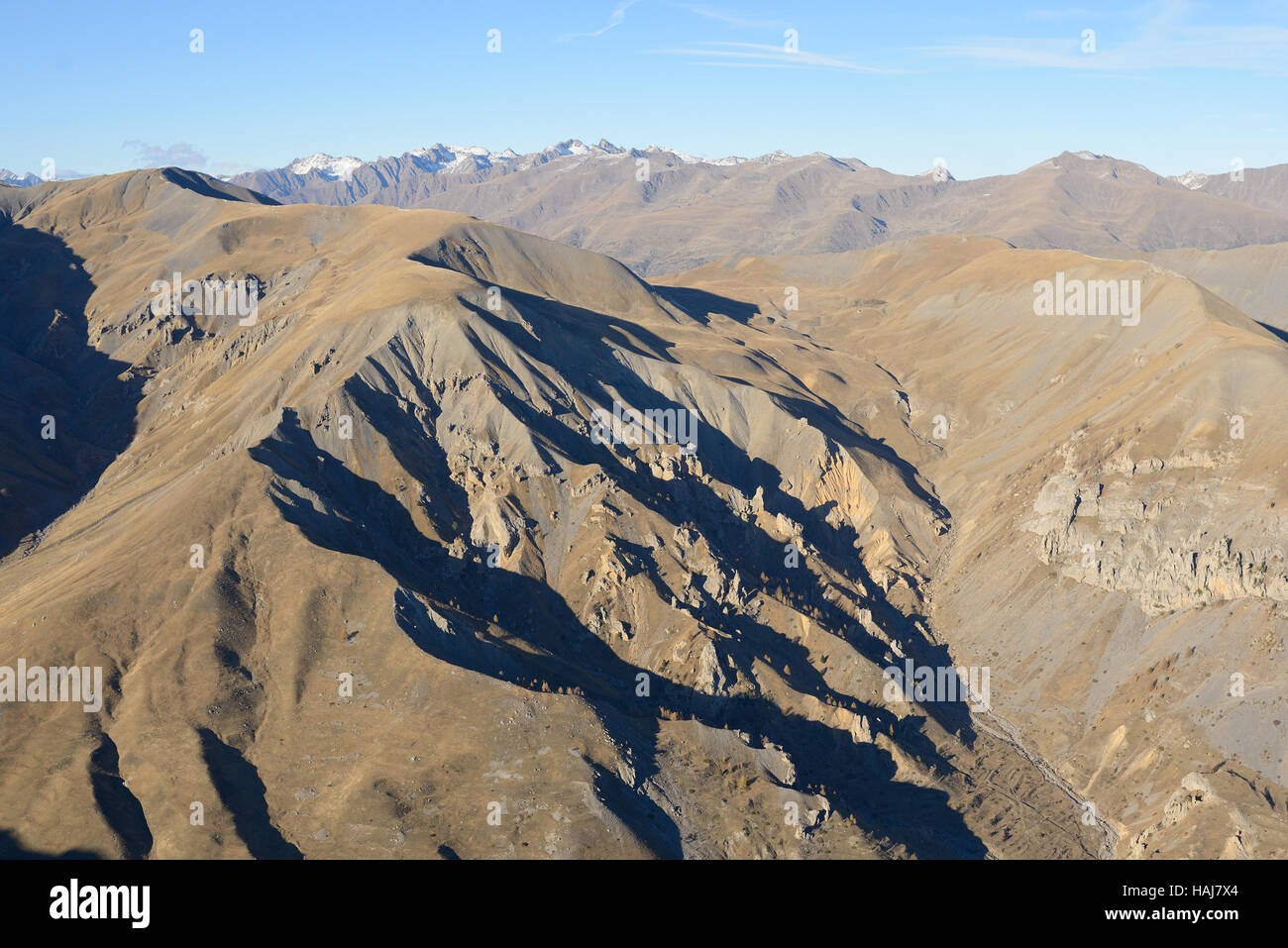 AERIAL VIEW. High altitude mineral world of the Mercantour National Park in november. Vignos, Alpes-Maritimes, France. Stock Photo